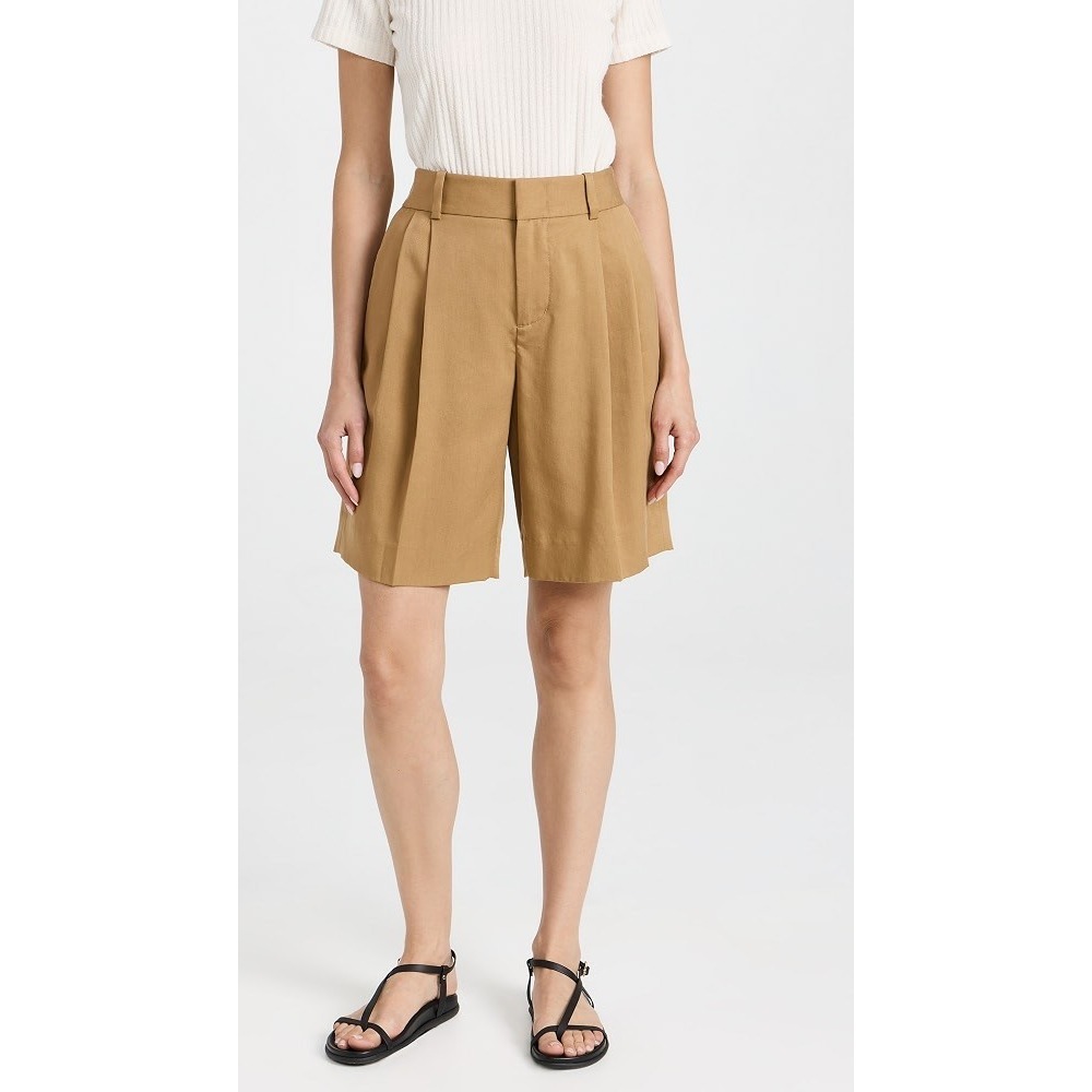 Vince High-Waist Pleated Shorts in Camel/Tan